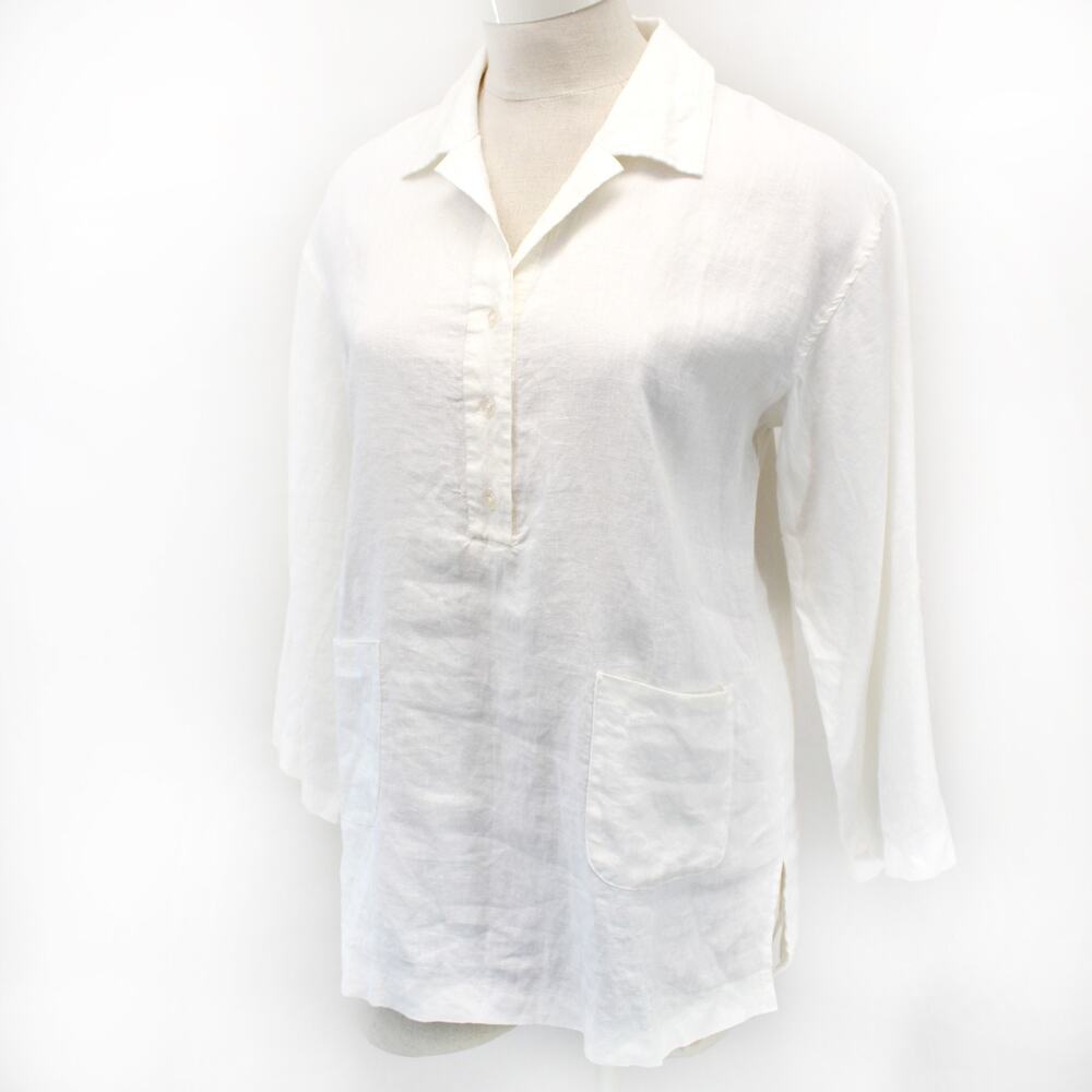 Spiegel White Blouse Shirt Pullover Pocket 100% linen Breathable Casual Size 14